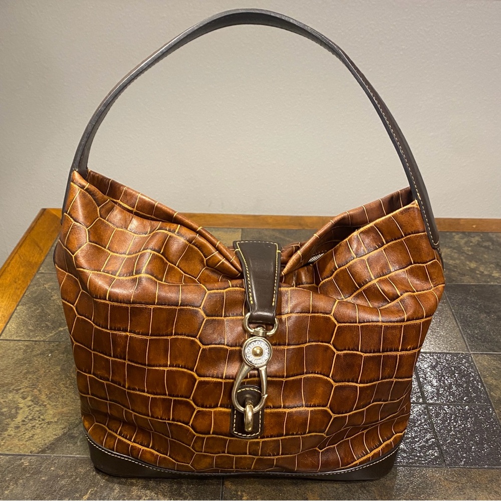 DOONEY & BOURKE Croc Embossed Brown Leather Logo Lock Hobo Shoulder Bag